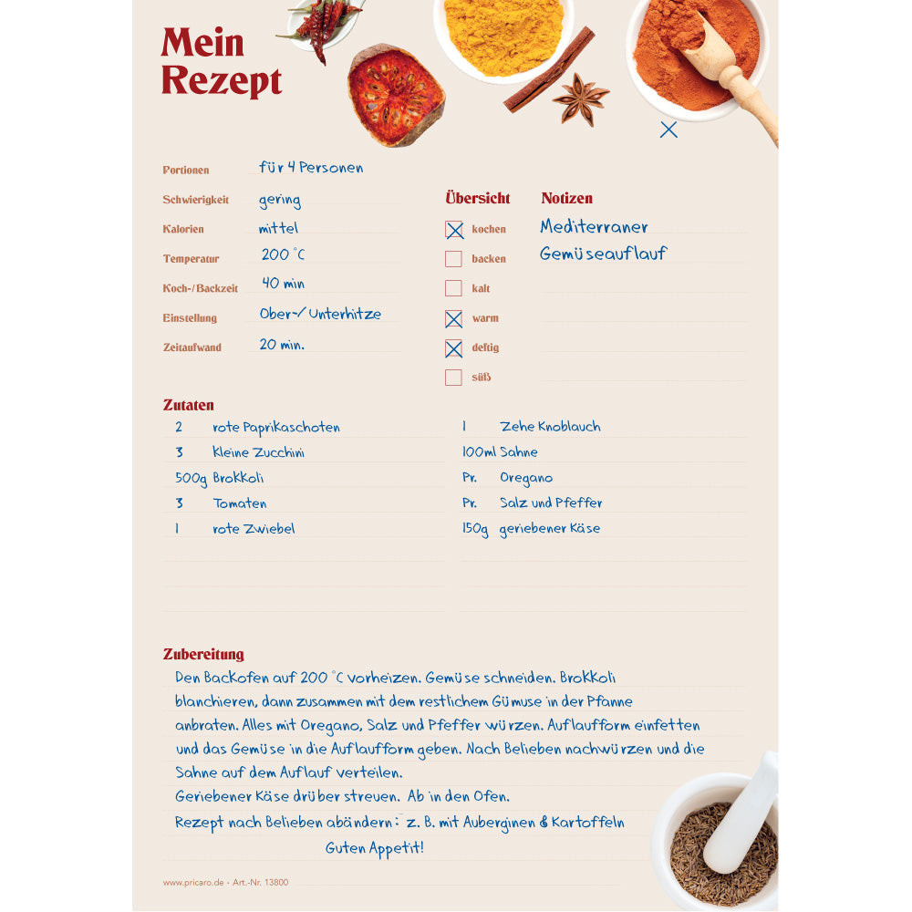 rezeptblock gewürze, a4, beige optik mit aufgedruckten gewürzen und platz für zutaten und zubereitungsschritte, ausfüllbeispiel