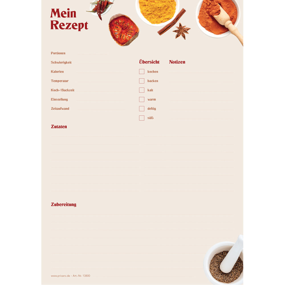 rezeptblock gewürze, a4, beige optik mit aufgedruckten gewürzen und platz für zutaten und zubereitungsschritte, frontansicht