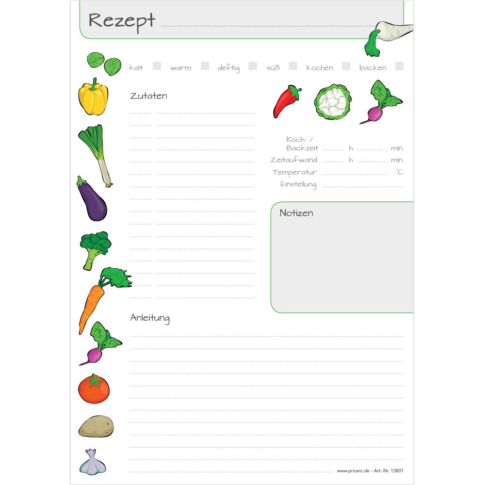 rezeptblock querbeet, a4, weiße optik mit aufgedruckten gemüsesorten und platz für zutaten und zubereitungsschritte und notizen, frontansicht