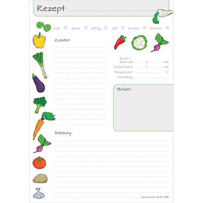 rezeptblock querbeet, a4, weiße optik mit aufgedruckten gemüsesorten und platz für zutaten und zubereitungsschritte und notizen, frontansicht