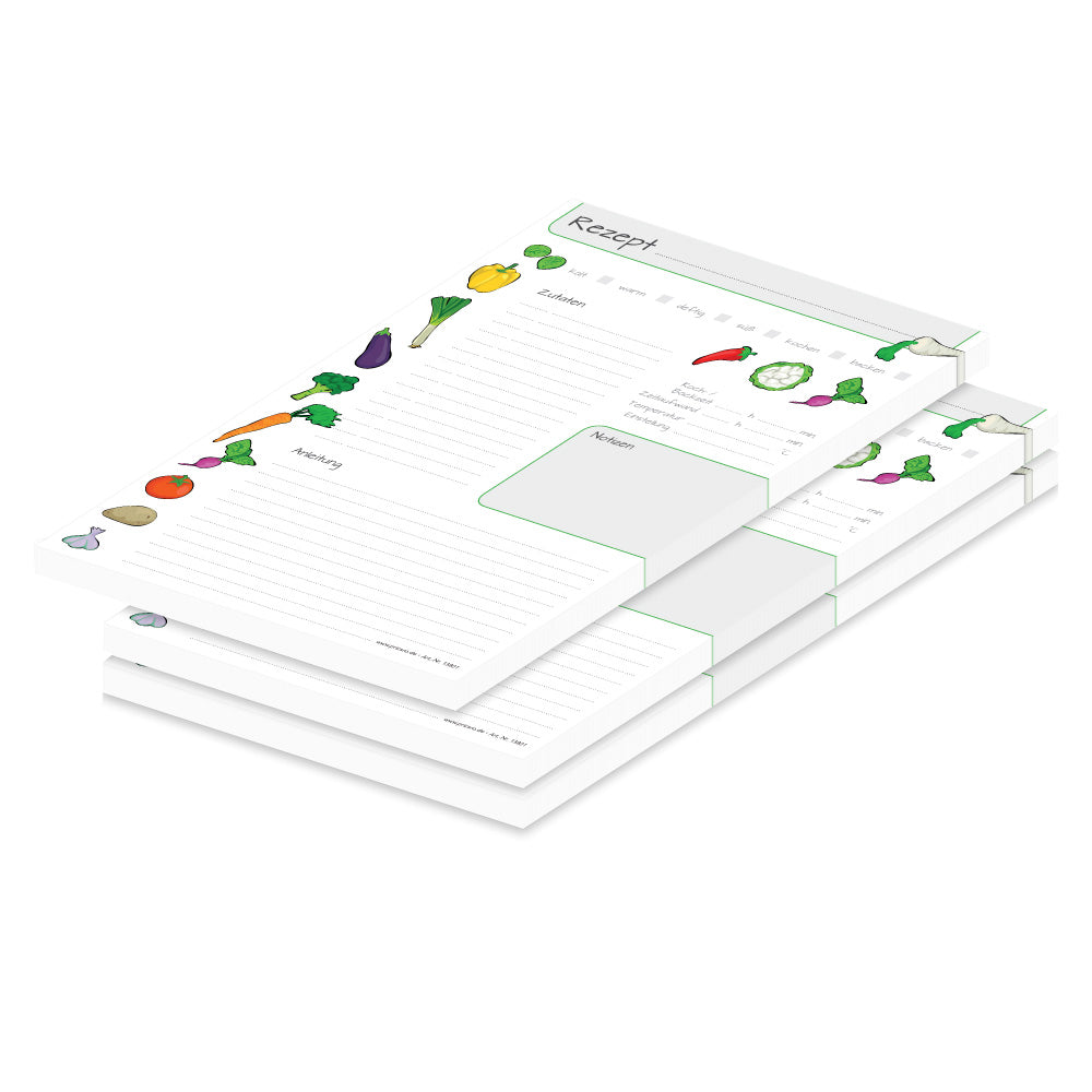 rezeptblock querbeet, a4, weiße optik mit aufgedruckten gemüsesorten und platz für zutaten und zubereitungsschritte und notizen, 3er set