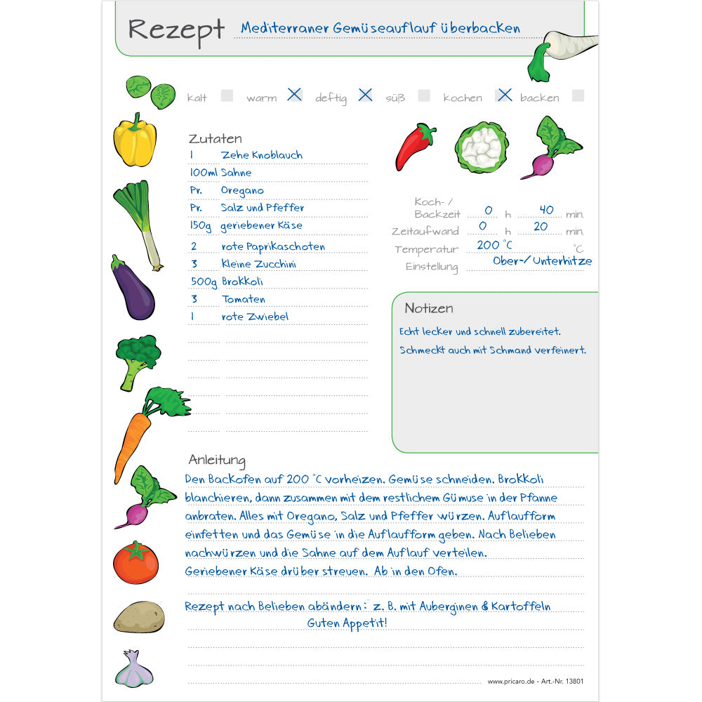 rezeptblock querbeet, a4, weiße optik mit aufgedruckten gemüsesorten und platz für zutaten und zubereitungsschritte und notizen, ausfüllbeispiel