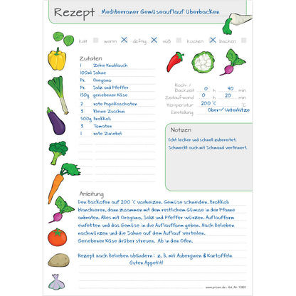 rezeptblock querbeet, a4, weiße optik mit aufgedruckten gemüsesorten und platz für zutaten und zubereitungsschritte und notizen, ausfüllbeispiel