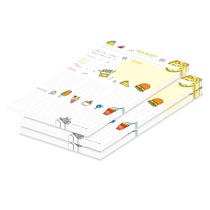 rezeptblock fastfood, a4, weiße optik mit aufgedrucktem fastfood und platz für zutaten und zubereitungsschritte und notizen, 3er set