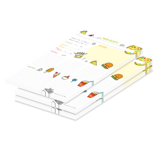 rezeptblock fastfood, a4, weiße optik mit aufgedrucktem fastfood und platz für zutaten und zubereitungsschritte und notizen, 3er set