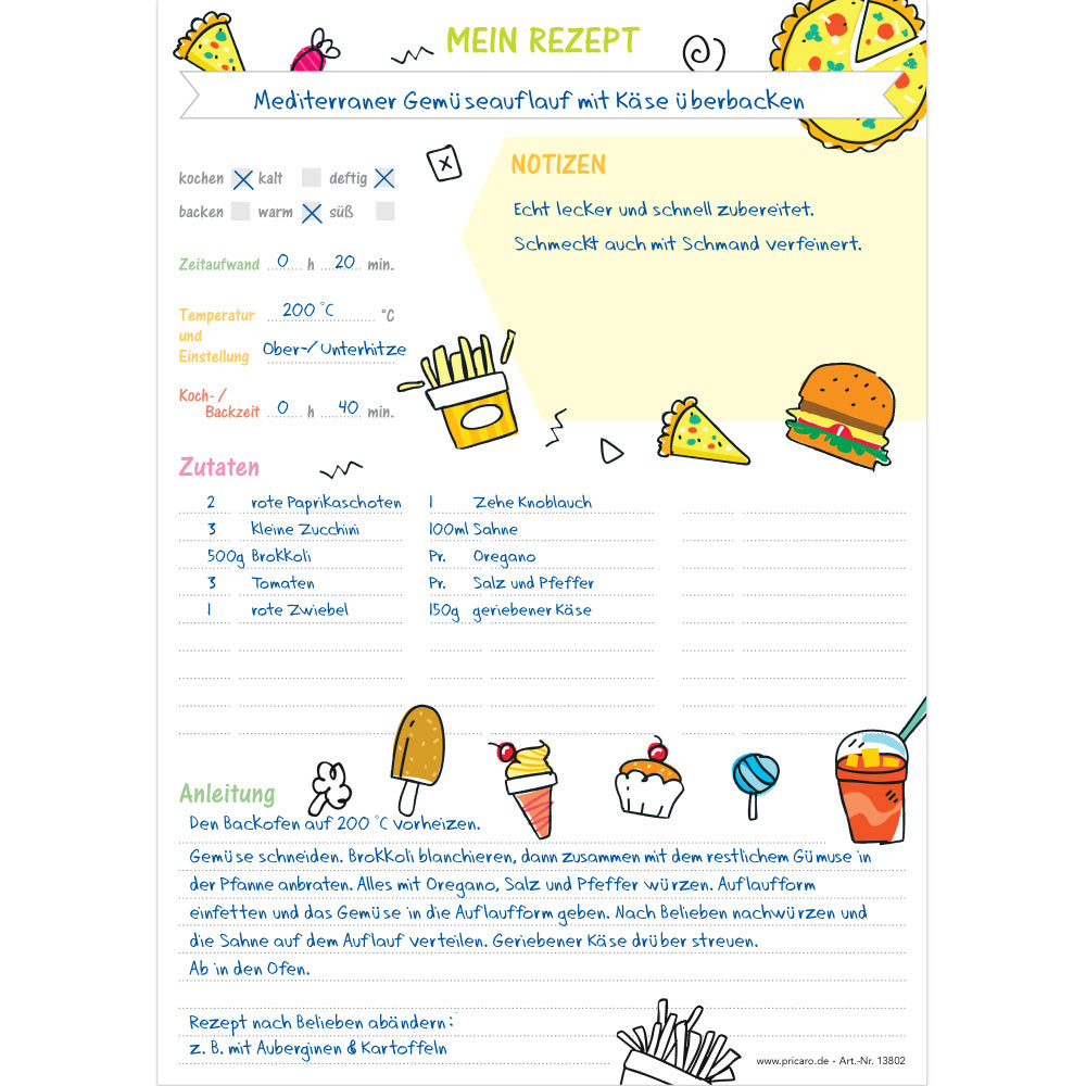 rezeptblock fastfood, a4, weiße optik mit aufgedrucktem fastfood und platz für zutaten und zubereitungsschritte und notizen, ausfüllbeispiel