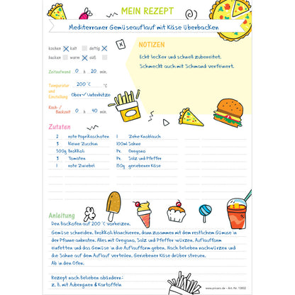 rezeptblock fastfood, a4, weiße optik mit aufgedrucktem fastfood und platz für zutaten und zubereitungsschritte und notizen, ausfüllbeispiel