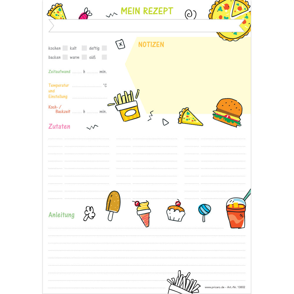 rezeptblock fastfood, a4, weiße optik mit aufgedrucktem fastfood und platz für zutaten und zubereitungsschritte und notizen, frontansicht