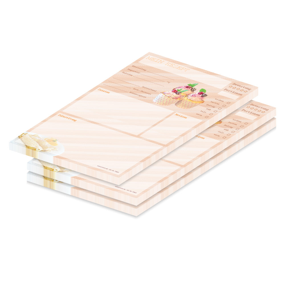 rezeptblock dessert, a4, beige optik mit aufgedruckten cupcakes und platz für zutaten und zubereitungsschritte und notizen, 3er set