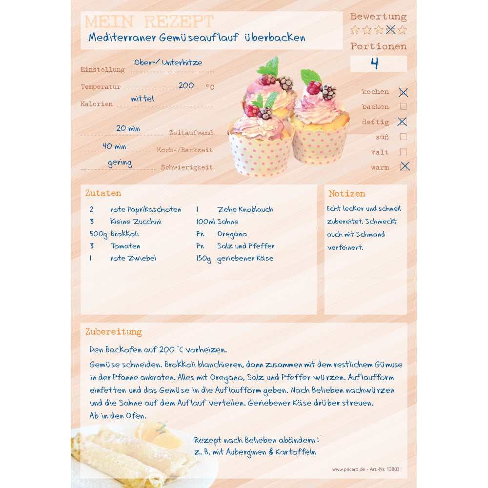 rezeptblock dessert, a4, beige optik mit aufgedruckten cupcakes und platz für zutaten und zubereitungsschritte und notizen, ausfüllbeispiel
