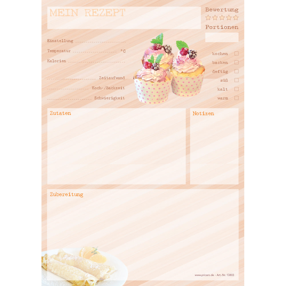 rezeptblock dessert, a4, beige optik mit aufgedruckten cupcakes und platz für zutaten und zubereitungsschritte und notizen, frontansicht
