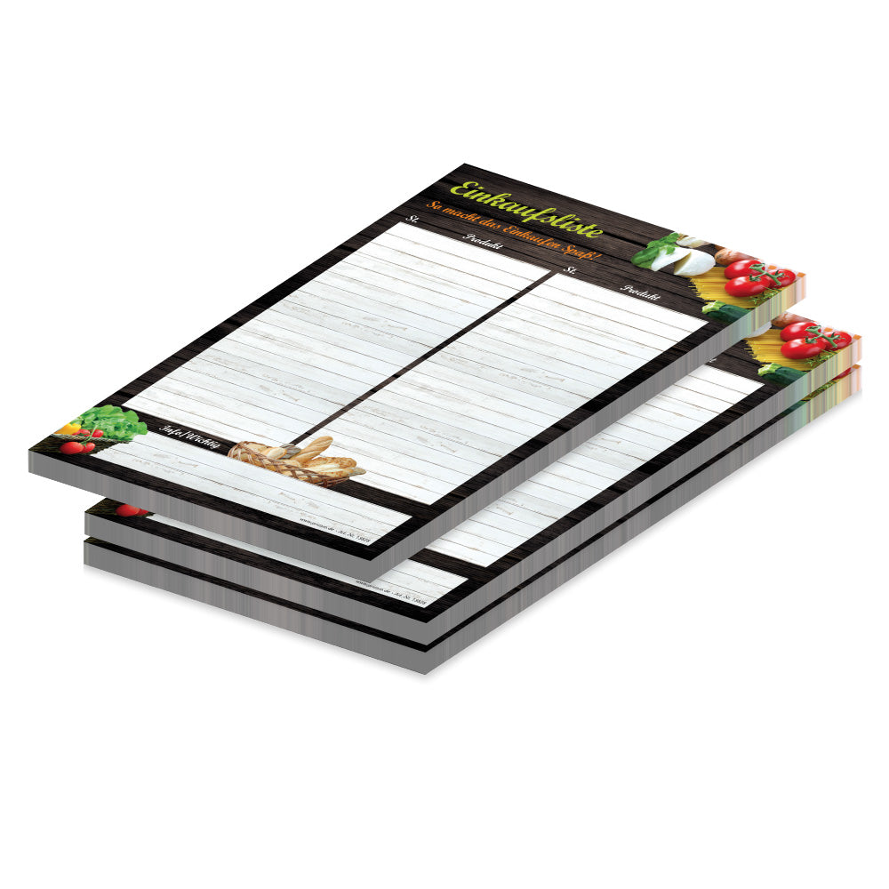 einkaufsliste mediterran, a5, weiß-braune optik mit pasta und anderen lebensmitteln und zeilen für stück und produkt, 3er set