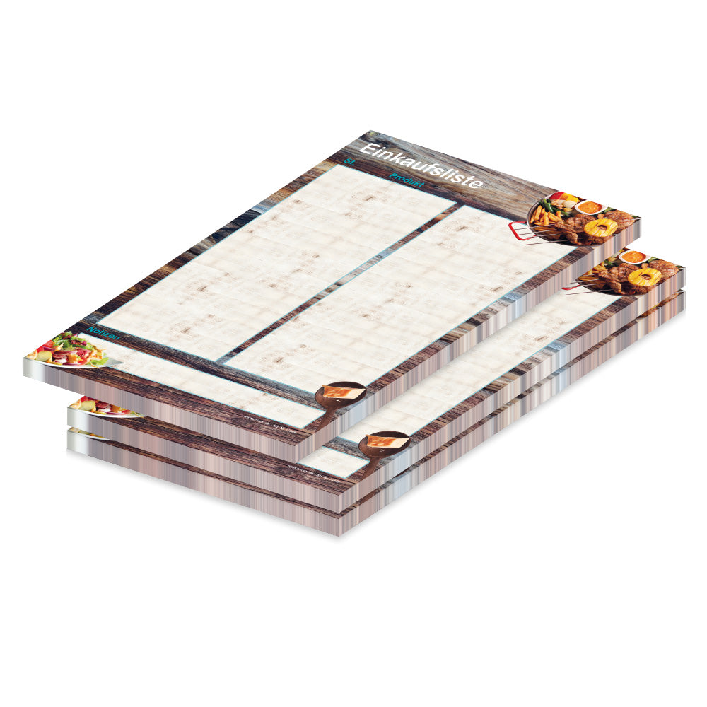 einkaufsliste farmhouse, a5, braun-bunte optik mit aufgedruckter grillpfanne und mit spalten für produkt und stückzahl, 3er set
