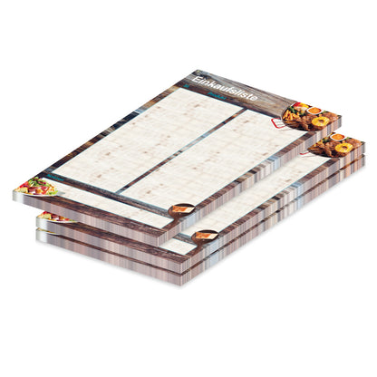 einkaufsliste farmhouse, a5, braun-bunte optik mit aufgedruckter grillpfanne und mit spalten für produkt und stückzahl, 3er set