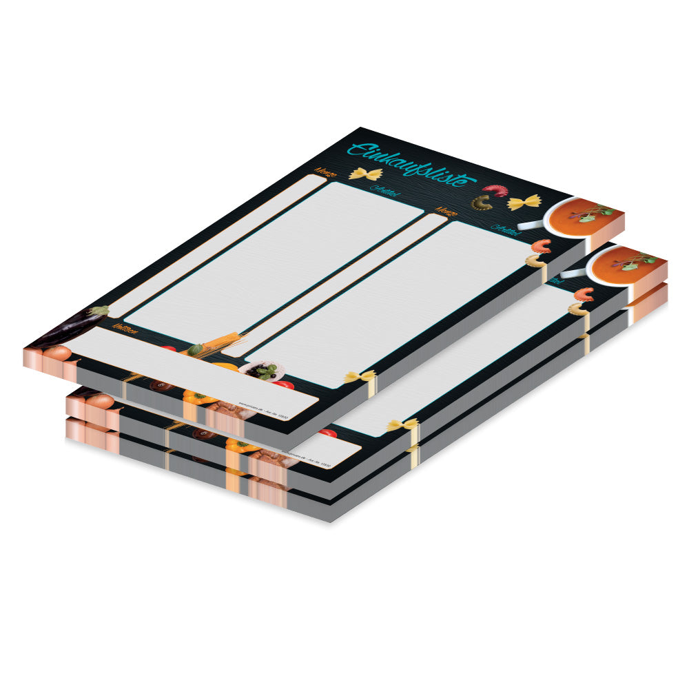 einkaufsliste buon appetit, a5, schwarz-bunte optik mit aufgedruckten nudeln und anderen lebensmitteln und mit spalten für produkt und stückzahl, 3er set