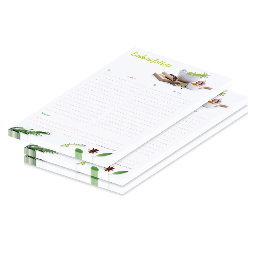 einkaufsliste gewürze, a5, weiß-grüne optik mit aufgedruckten gewürzen und mit spalten für produkt und stückzahl, 3er set