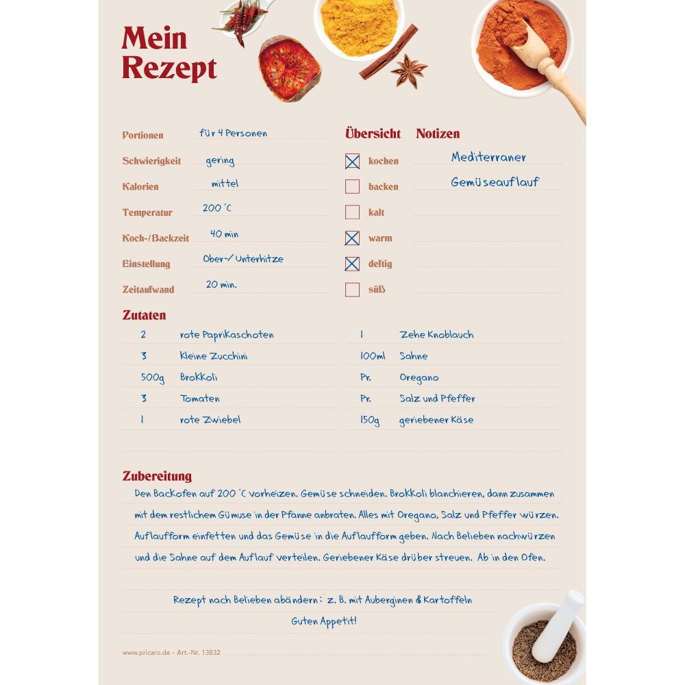 rezeptblock gewürze, a5, beige optik mit aufgedruckten gewürzen und platz für zutaten und zubereitungsschritte, ausfüllbeispiel