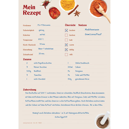 rezeptblock gewürze, a5, beige optik mit aufgedruckten gewürzen und platz für zutaten und zubereitungsschritte, ausfüllbeispiel