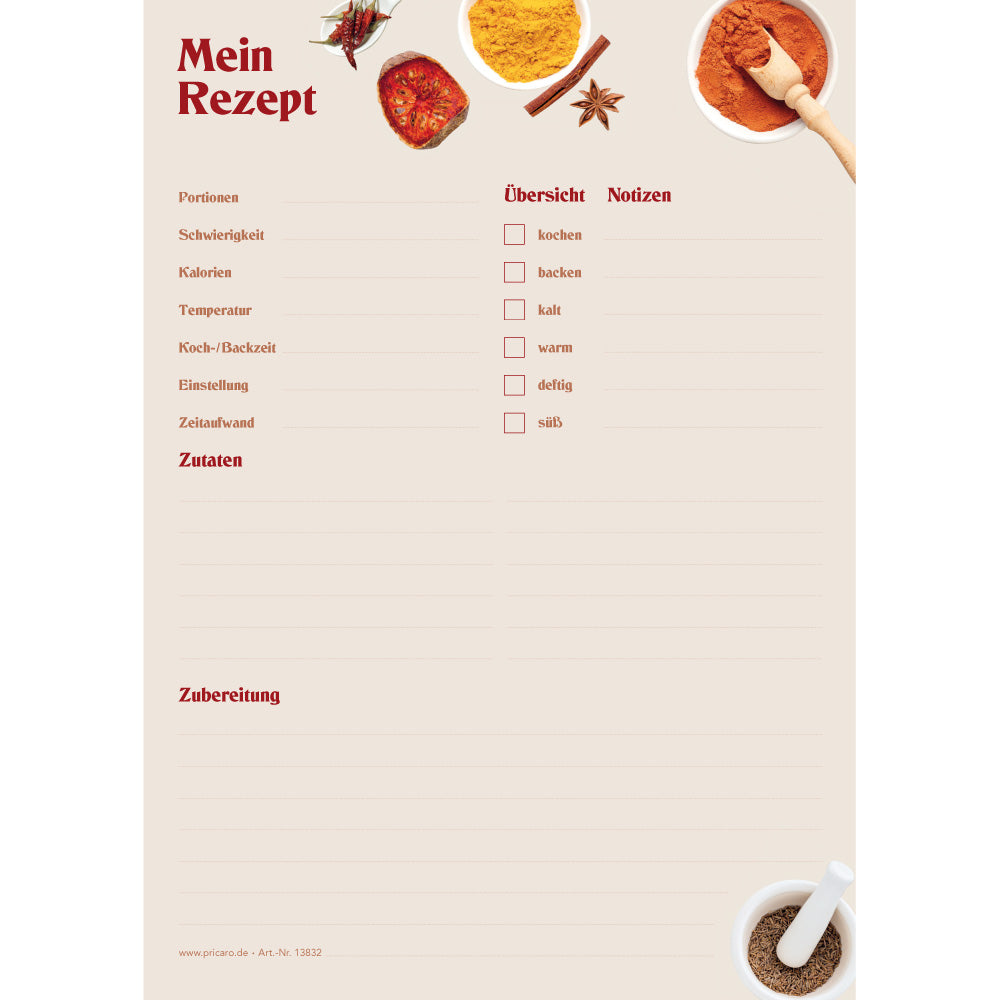 rezeptblock gewürze, a5, beige optik mit aufgedruckten gewürzen und platz für zutaten und zubereitungsschritte, frontansicht