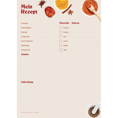 rezeptblock gewürze, a5, beige optik mit aufgedruckten gewürzen und platz für zutaten und zubereitungsschritte, frontansicht