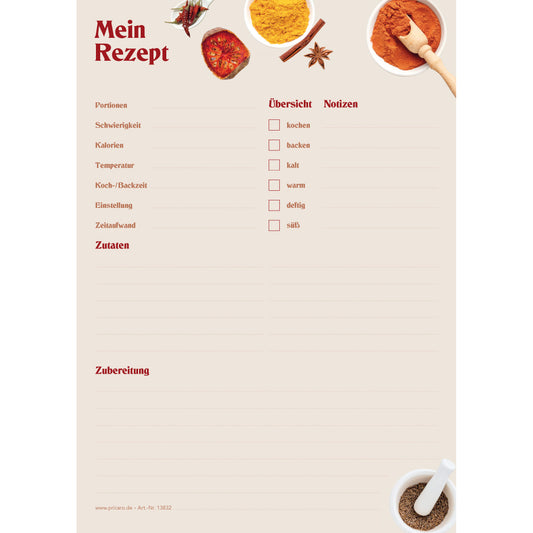 rezeptblock gewürze, a5, beige optik mit aufgedruckten gewürzen und platz für zutaten und zubereitungsschritte, frontansicht