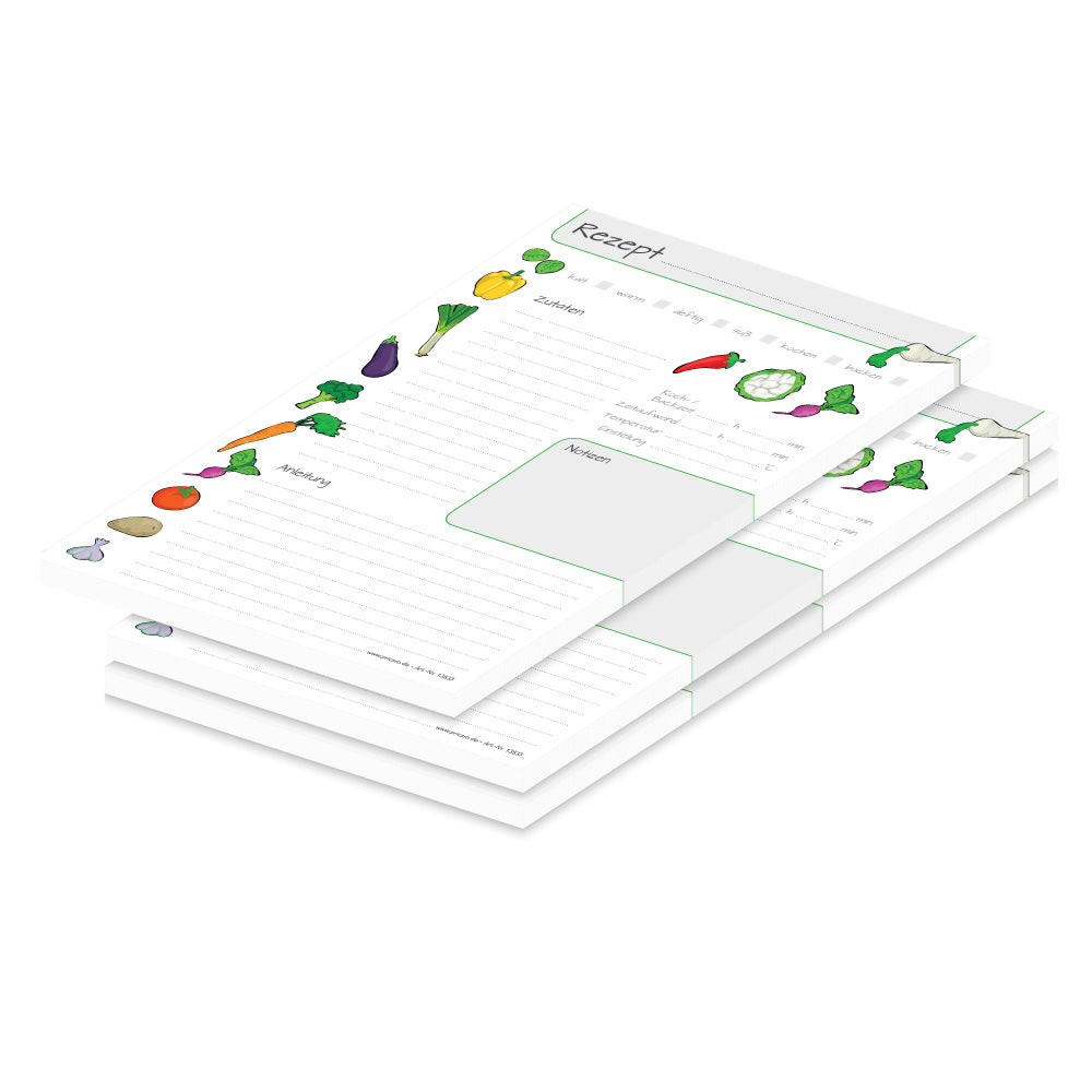 rezeptblock querbeet, a5, weiße optik mit aufgedruckten gemüsesorten und platz für zutaten und zubereitungsschritte und notizen,3er set