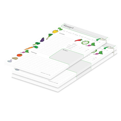 rezeptblock querbeet, a5, weiße optik mit aufgedruckten gemüsesorten und platz für zutaten und zubereitungsschritte und notizen,3er set