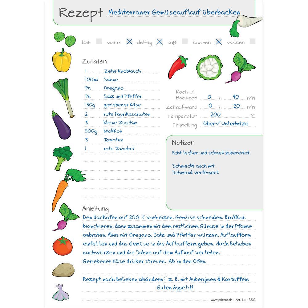 rezeptblock querbeet, a5, weiße optik mit aufgedruckten gemüsesorten und platz für zutaten und zubereitungsschritte und notizen, ausfüllbeispiel