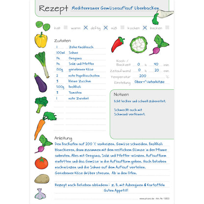 rezeptblock querbeet, a5, weiße optik mit aufgedruckten gemüsesorten und platz für zutaten und zubereitungsschritte und notizen, ausfüllbeispiel