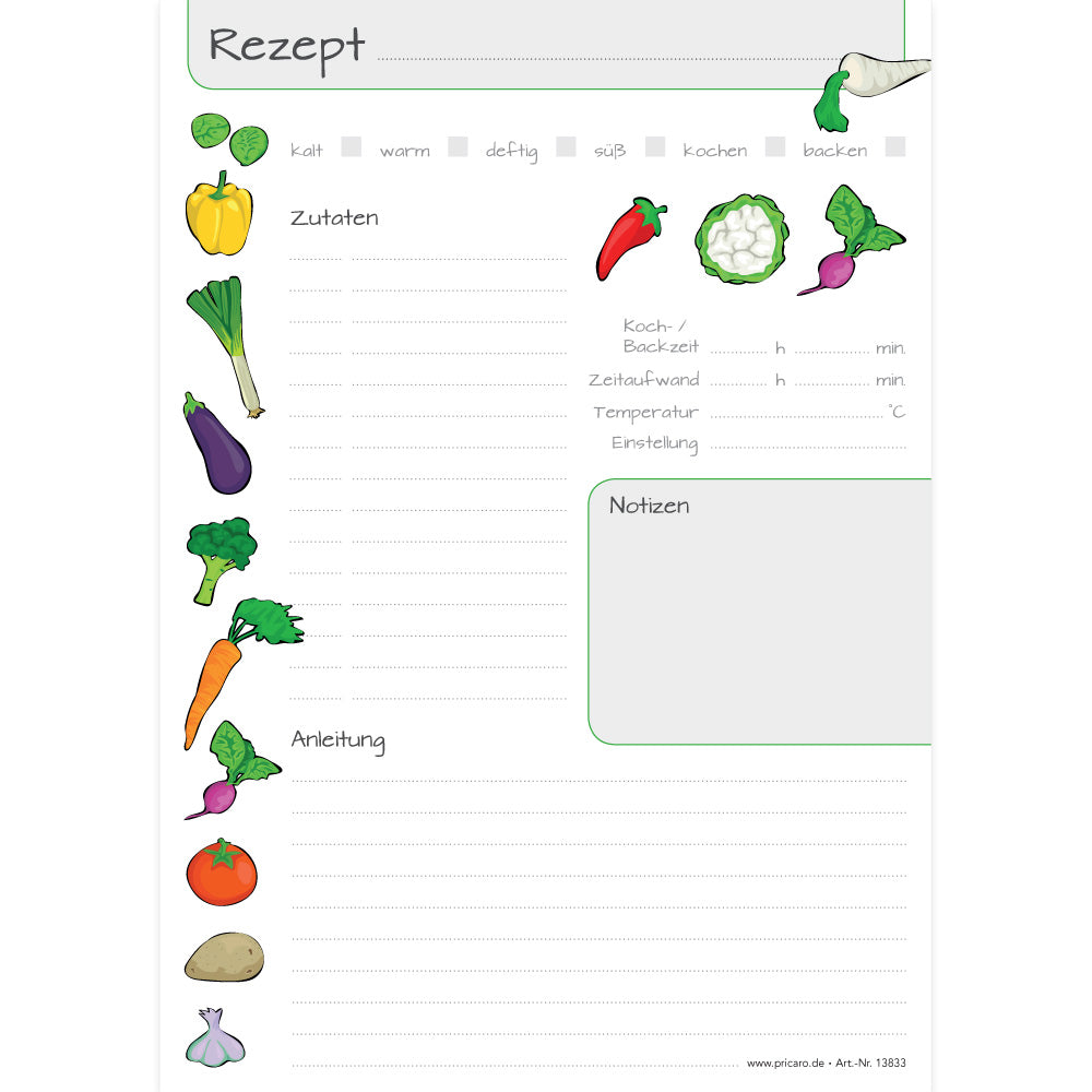 rezeptblock querbeet, a5, weiße optik mit aufgedruckten gemüsesorten und platz für zutaten und zubereitungsschritte und notizen, frontansicht