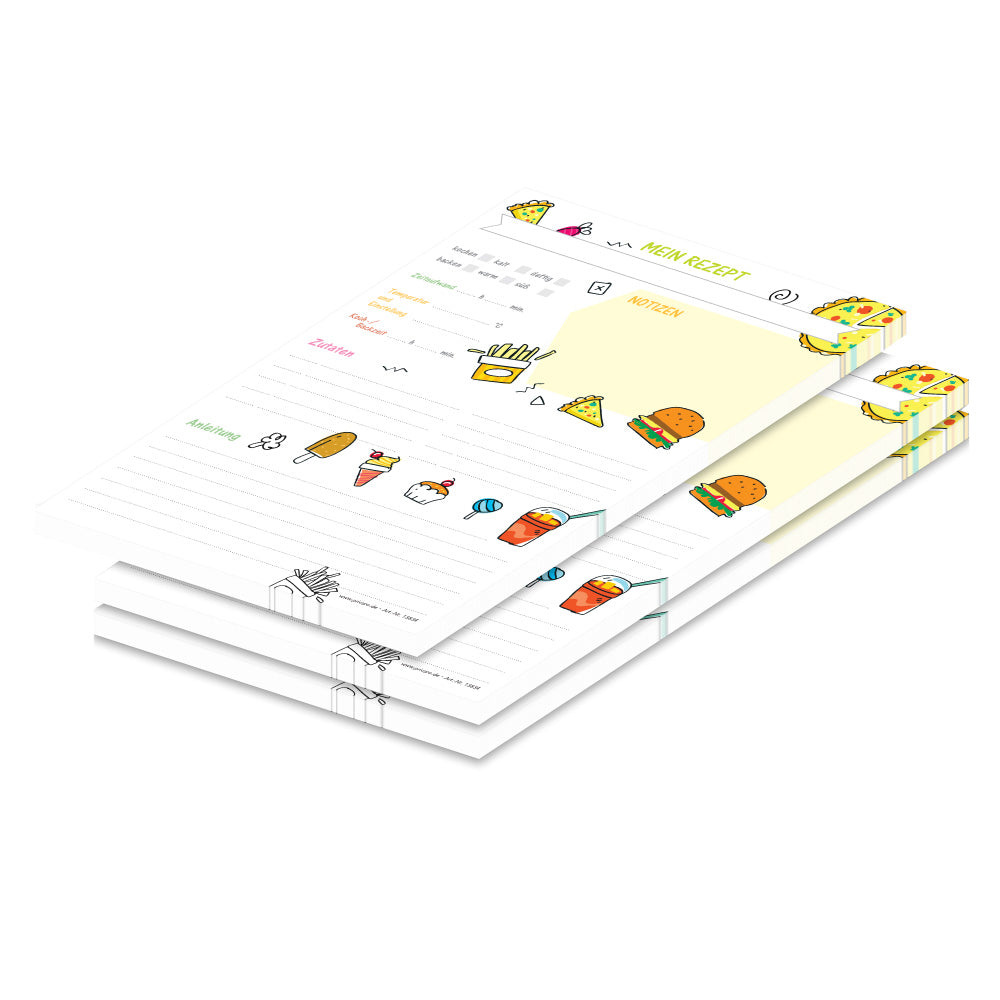 rezeptblock fastfood, a5, weiße optik mit aufgedrucktem fastfood und platz für zutaten und zubereitungsschritte und notizen, 3er set