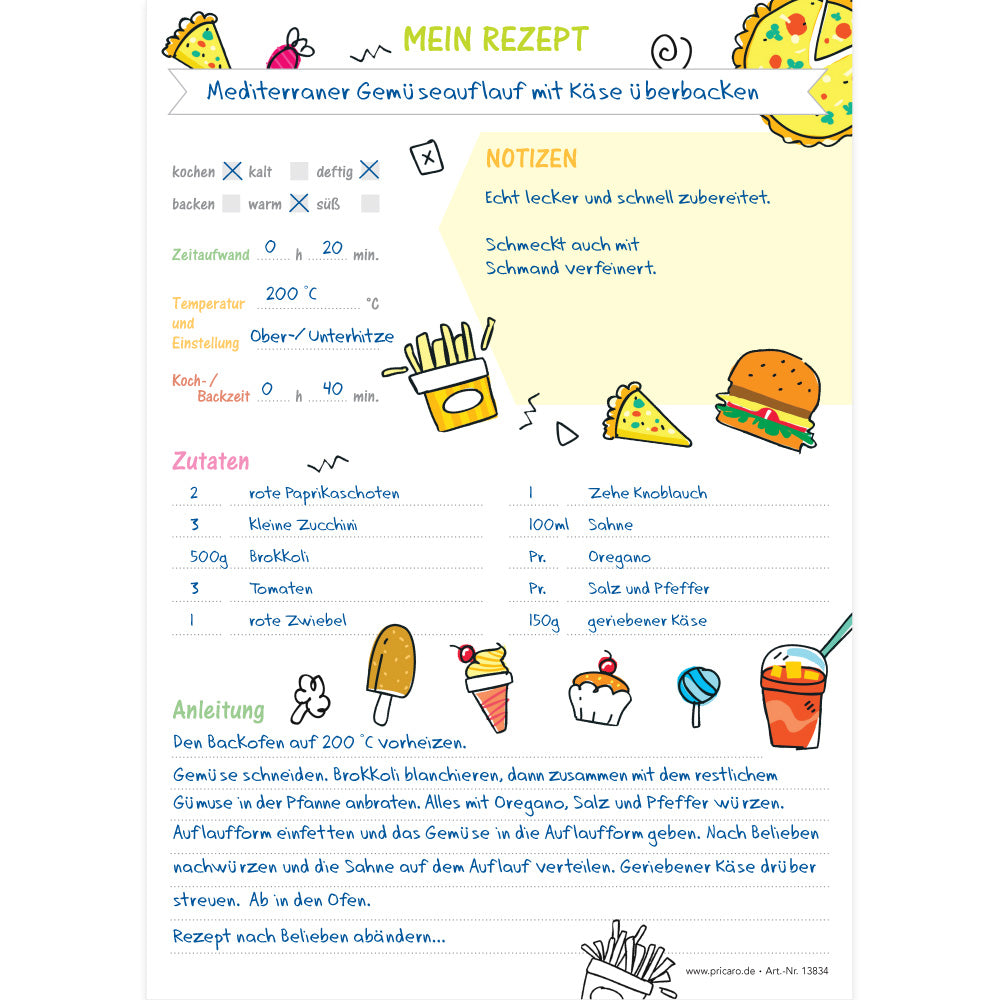 rezeptblock fastfood, a5, weiße optik mit aufgedrucktem fastfood und platz für zutaten und zubereitungsschritte und notizen, ausfüllbeispiel