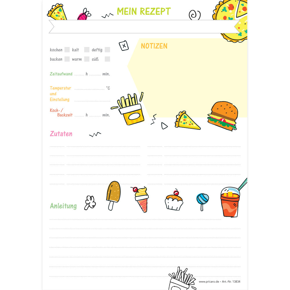 rezeptblock fastfood, a5, weiße optik mit aufgedrucktem fastfood und platz für zutaten und zubereitungsschritte und notizen, frontansicht