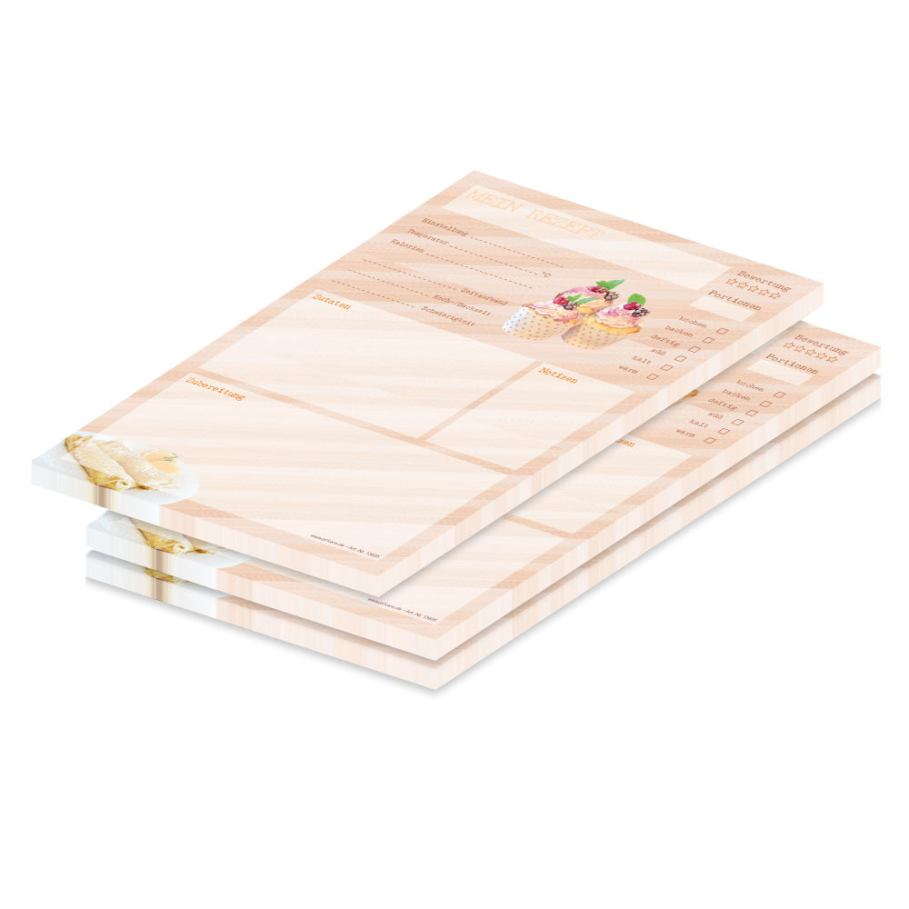 rezeptblock dessert, a5, beige optik mit aufgedruckten cupcakes und platz für zutaten und zubereitungsschritte und notizen, 3er set
