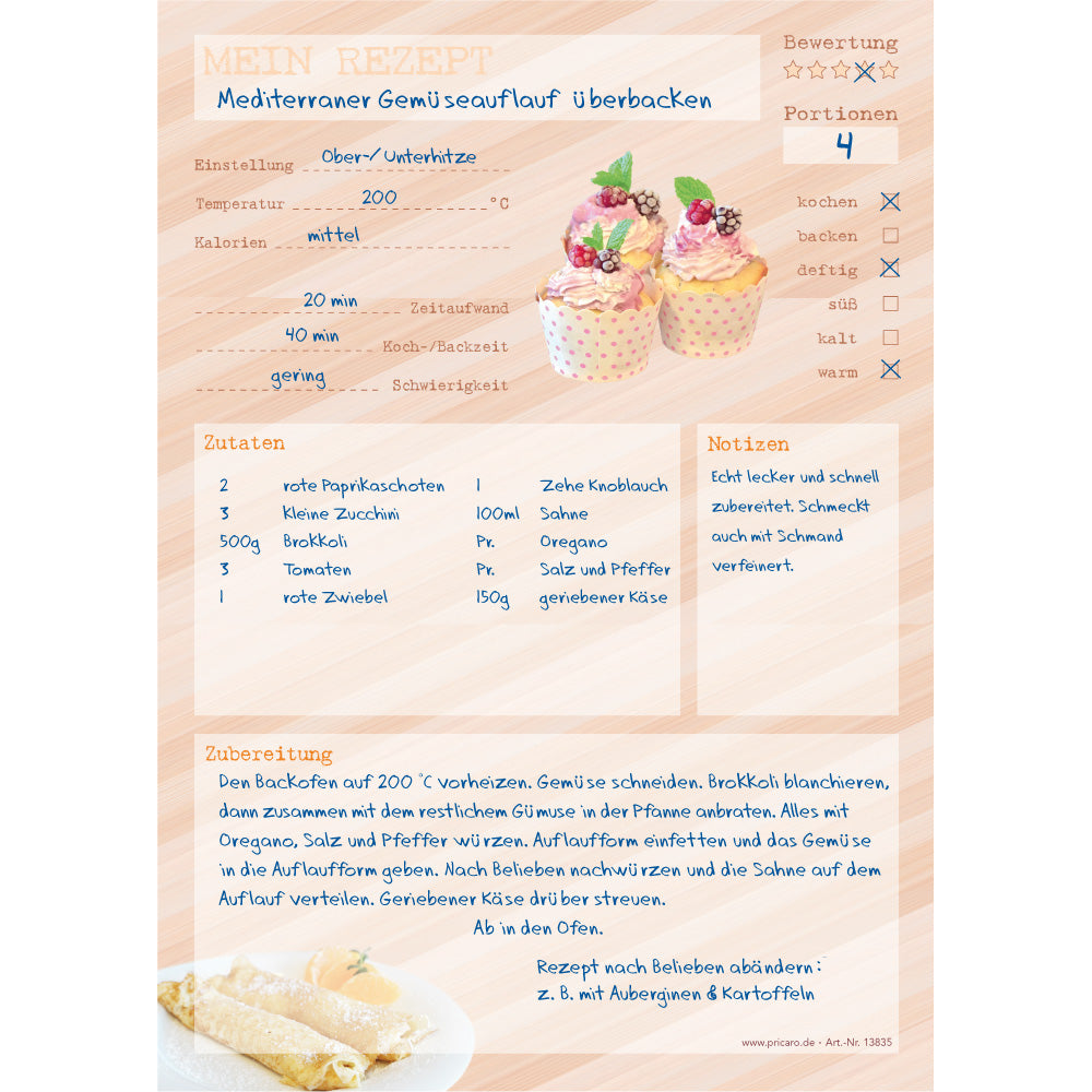 rezeptblock dessert, a5, beige optik mit aufgedruckten cupcakes und platz für zutaten und zubereitungsschritte und notizen, ausfüllbeispiel