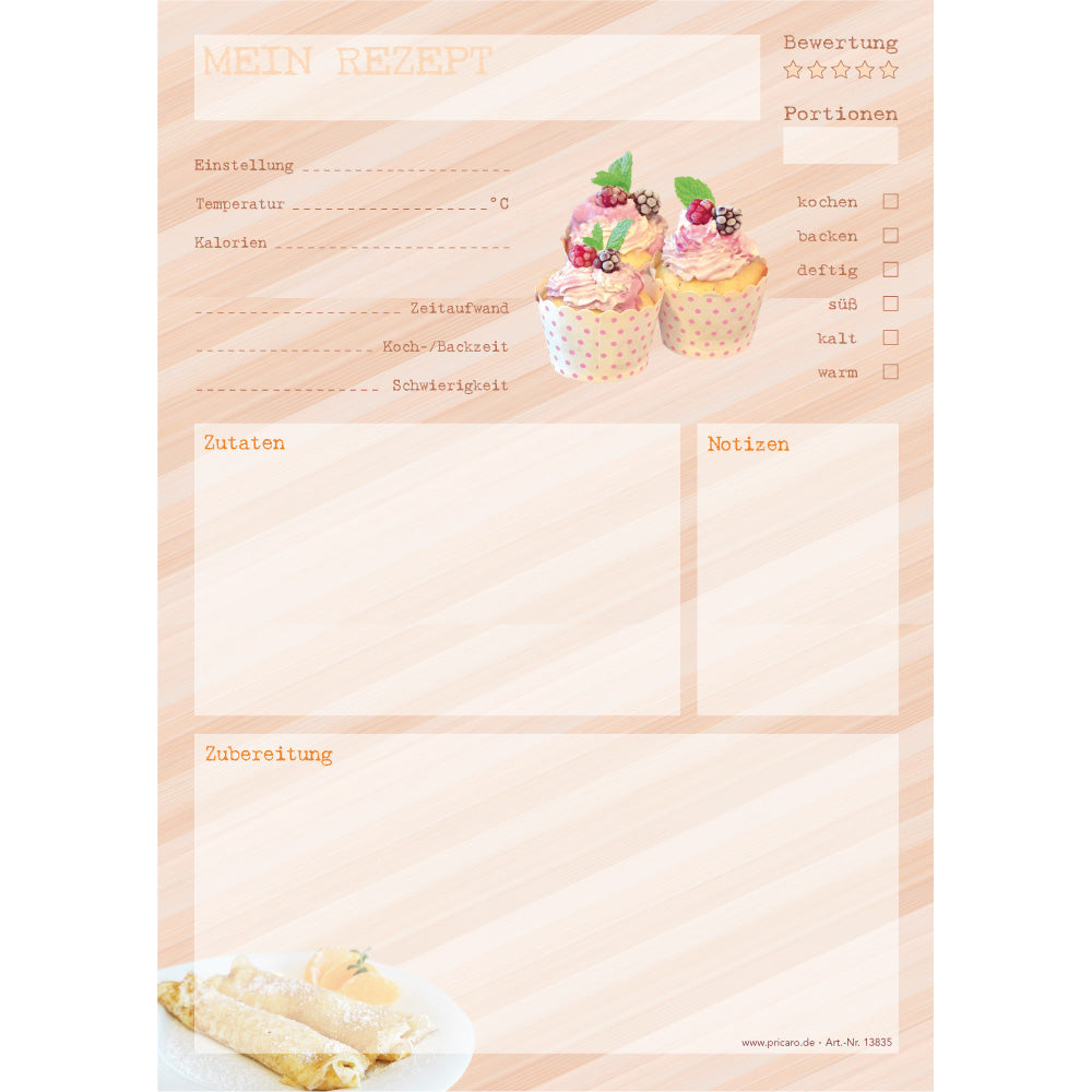 rezeptblock dessert, a5, beige optik mit aufgedruckten cupcakes und platz für zutaten und zubereitungsschritte und notizen, frontansicht
