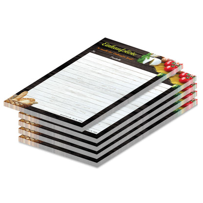 einkaufsliste mediterran, a6, braun-bunte optik mit aufgedruckten mediterranen lebensmitteln und mit spalten für produkt und stückzahl, 5er set