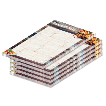 einkaufsliste farmhouse, a6, braun-bunte optik mit aufgedruckter grillpfanne und mit platz für produkt und stückzahl, 5er set