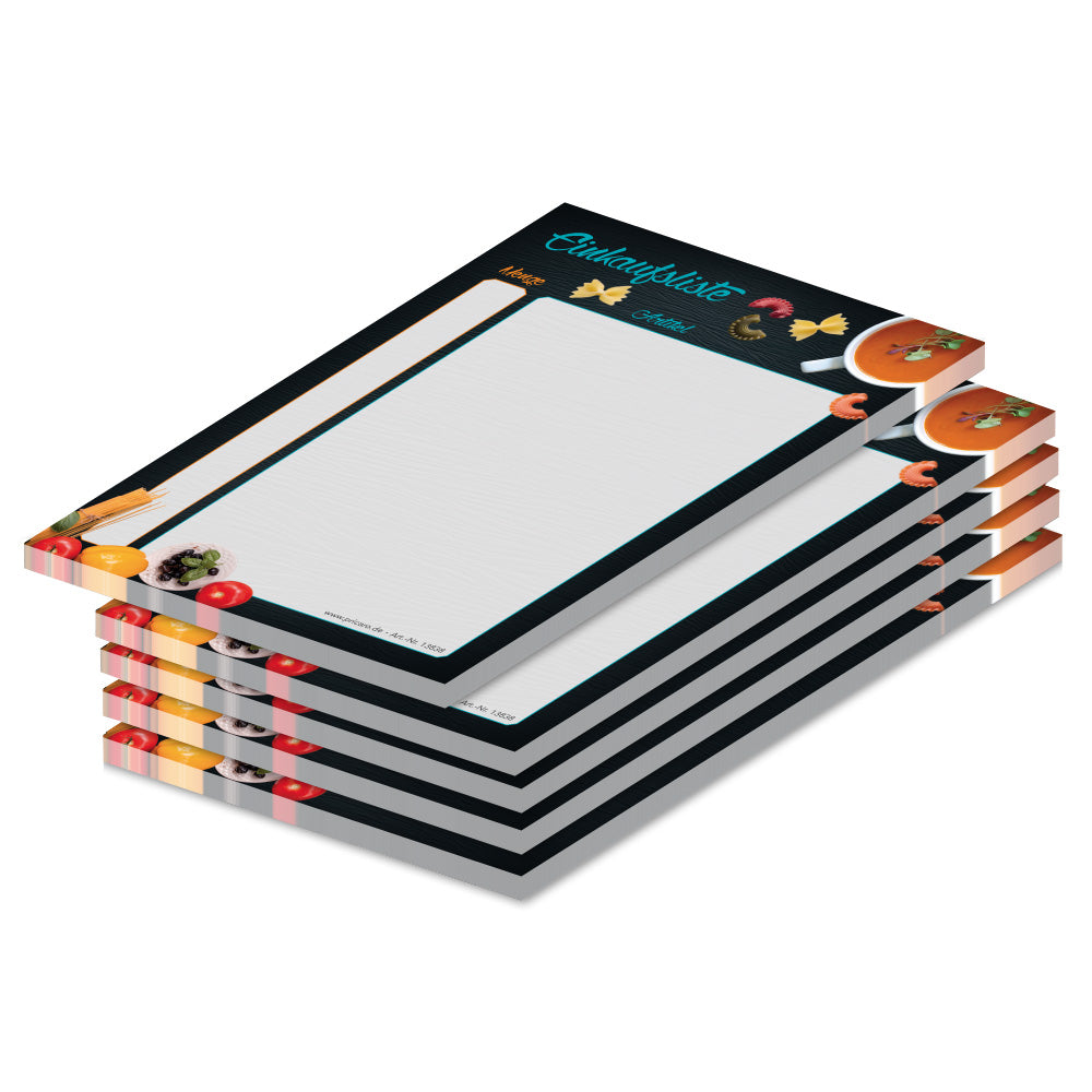 einkaufsliste buon appetit, a6, schwarz-bunte optik mit aufgedruckten nudeln und anderen lebensmitteln und mit spalten für produkt und stückzahl, 5er set