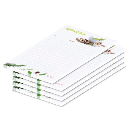 einkaufsliste gewürze, a6, weiß-grüne optik mit aufgedruckten gewürzen und mit spalten für produkt und stückzahl, 5er set