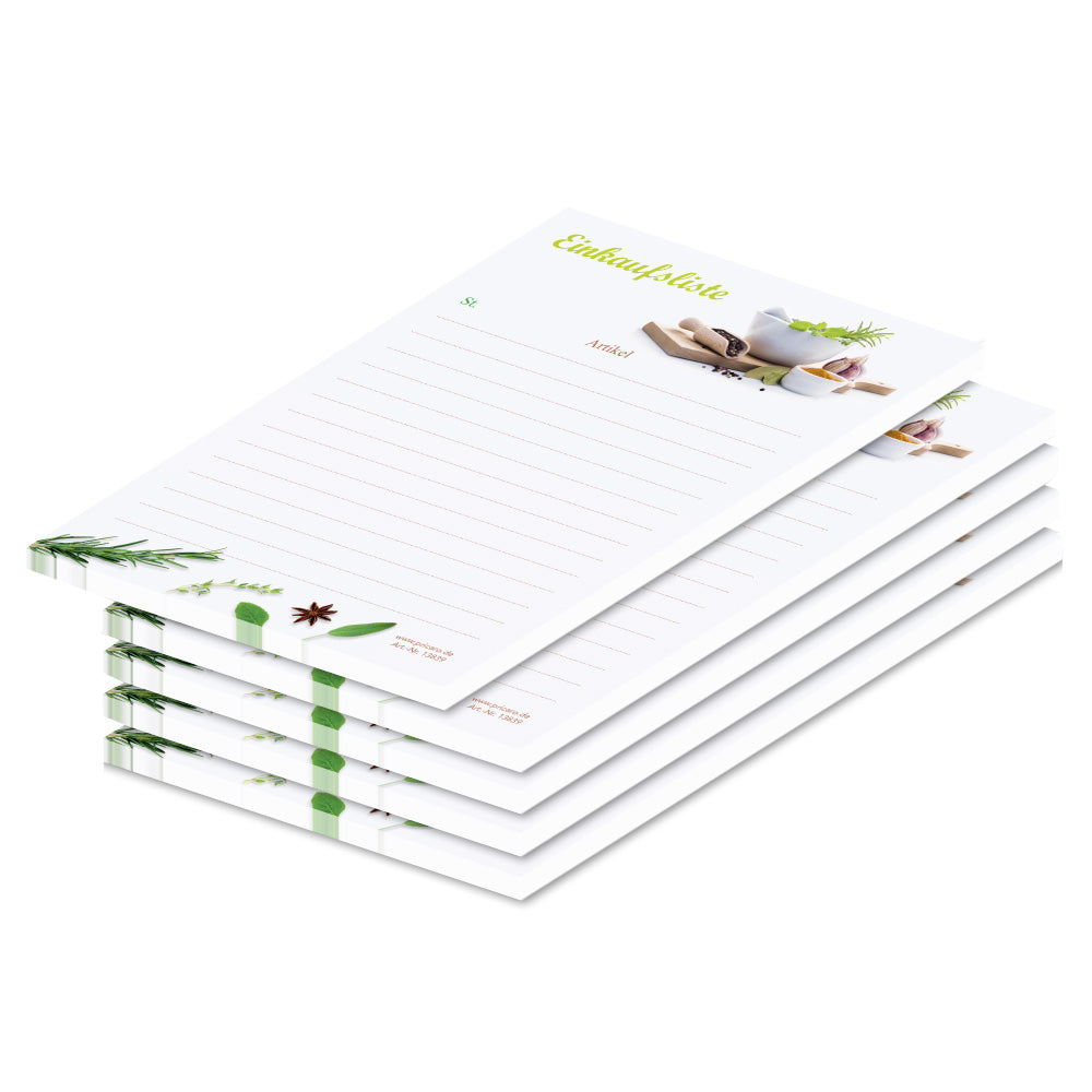 einkaufsliste gewürze, a6, weiß-grüne optik mit aufgedruckten gewürzen und mit spalten für produkt und stückzahl, 5er set