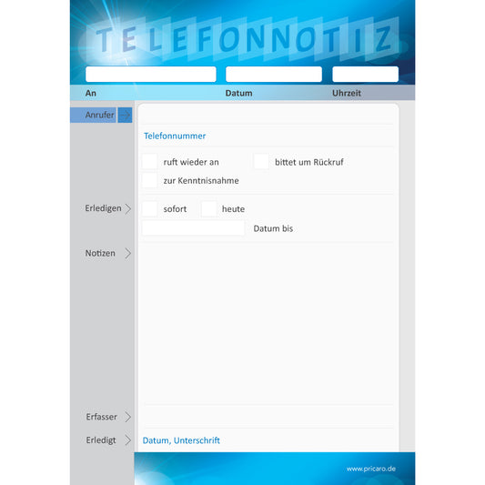 telefonnotizblock betriebssystem, blau-weiß-graue optik, mit platz für datum, anruferinfos und anmerkungen, front ansicht