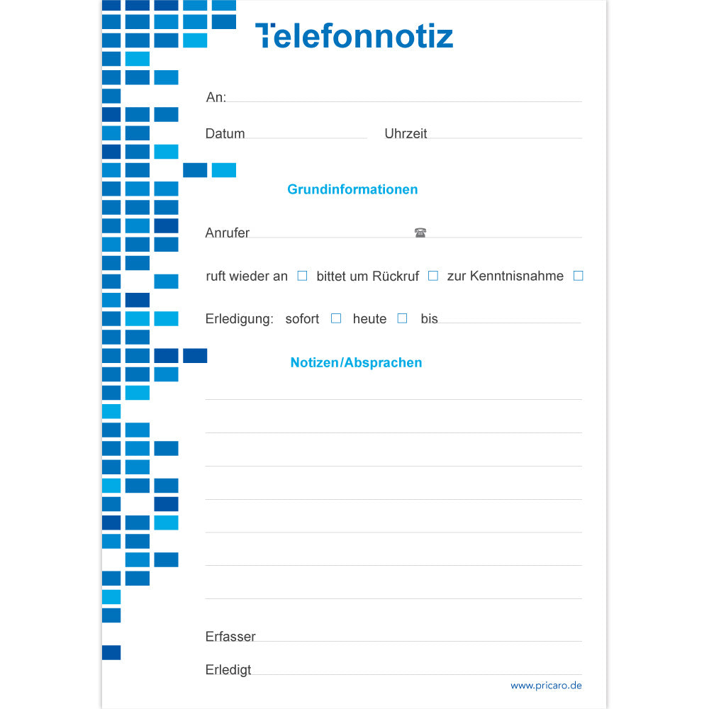 telefonnotizblock mosaik, blau-weiße optik, mit platz für datum, anruferinfos und anmerkungen, front ansicht