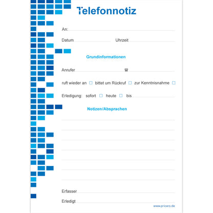 telefonnotizblock mosaik, blau-weiße optik, mit platz für datum, anruferinfos und anmerkungen, front ansicht
