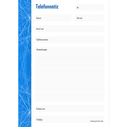 telefonnotizblock vernetzung, blau-weiße optik, mit platz für datum, anruferinfos und anmerkungen, front ansicht