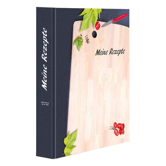 rezeptordner schneidebrett, schwarze optik mit holzschneidebrett und der aufschrift meine rezepte, seitliche ansicht