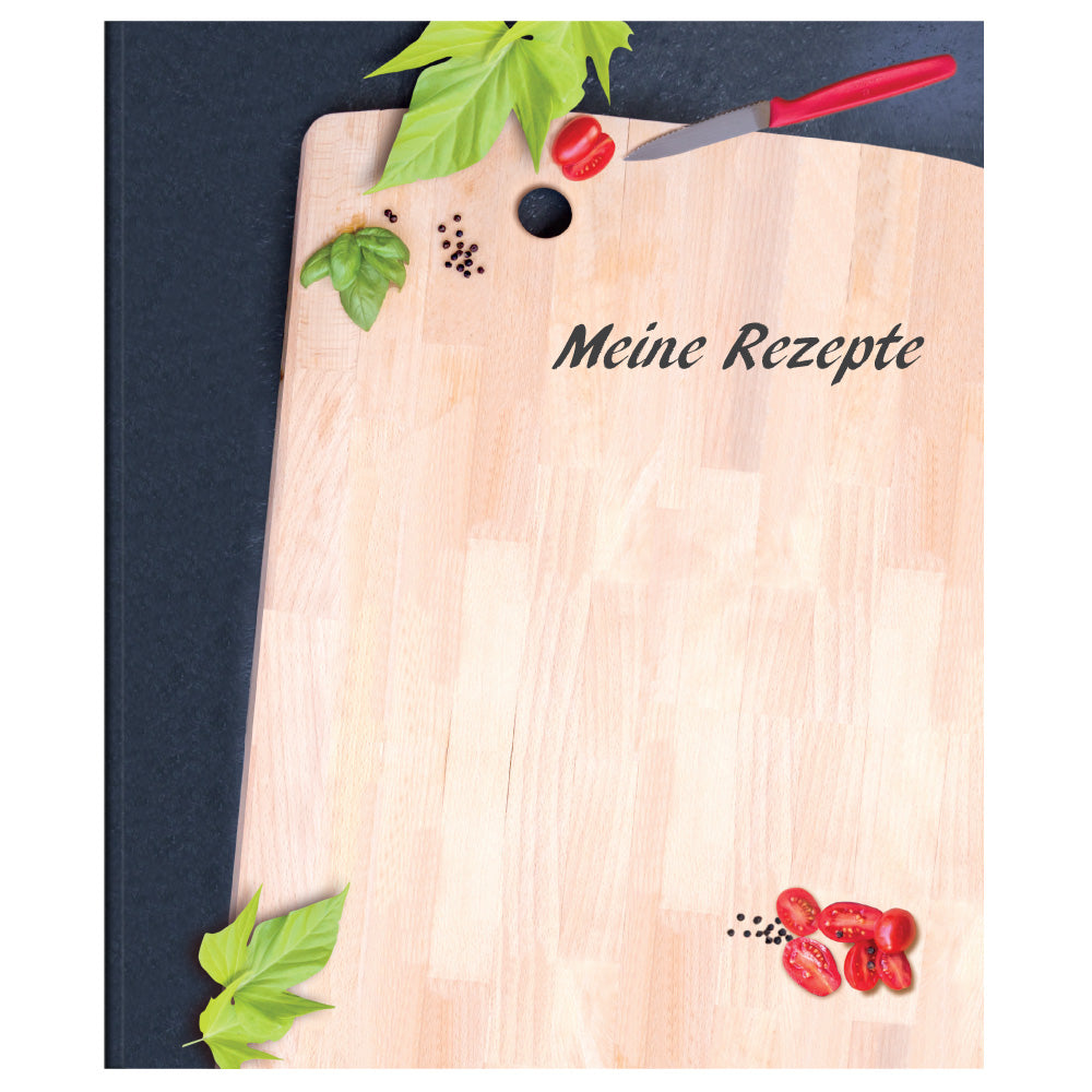 rezeptordner schneidebrett, schwarze optik mit holzschneidebrett und der aufschrift meine rezepte, frontansicht