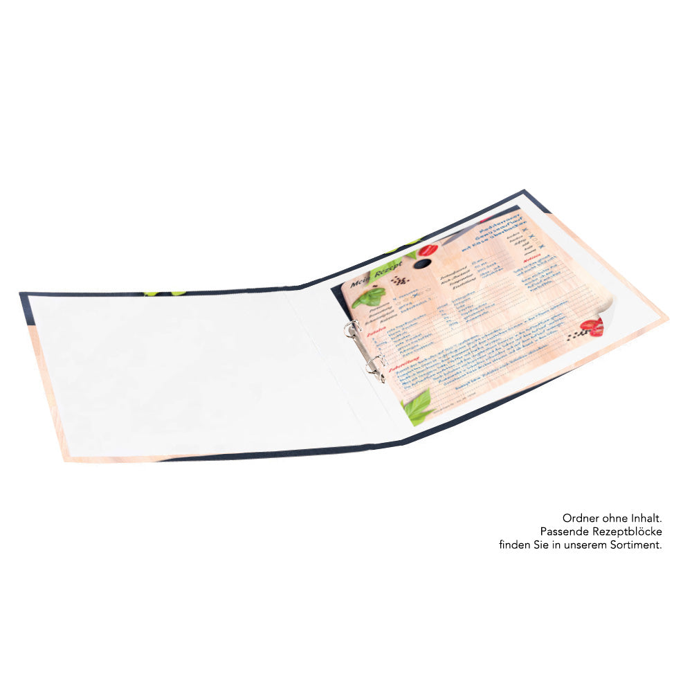 rezeptordner schneidebrett, geöffneter ordner mit inhalt