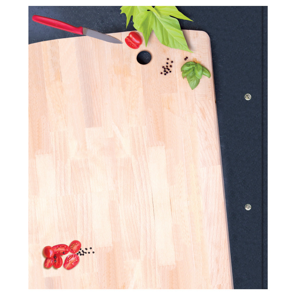 rezeptordner schneidebrett, schwarze optik mit holzschneidebrett und der aufschrift meine rezepte, rückseite