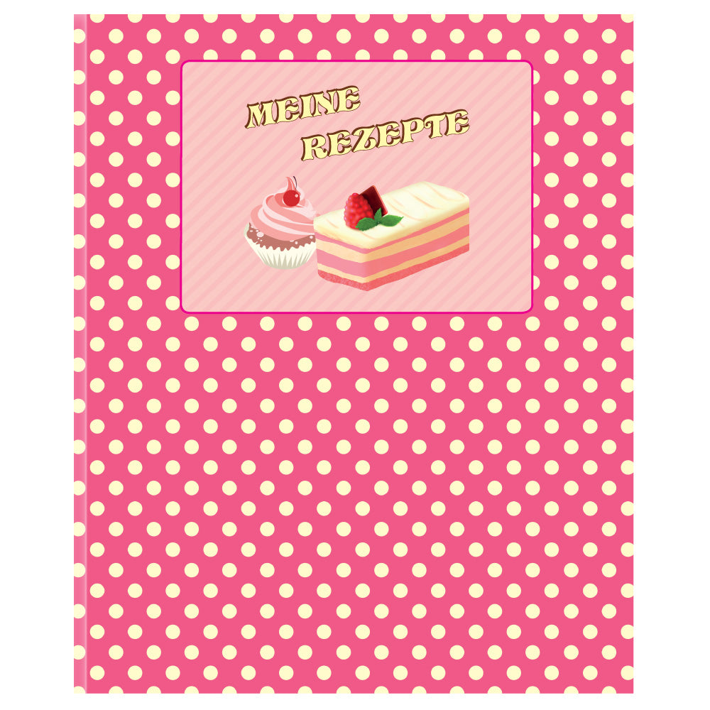 rezeptordner retro, pink-gelbe optik mit kleinen kuchen und der aufschrift meine rezepte, frontansicht